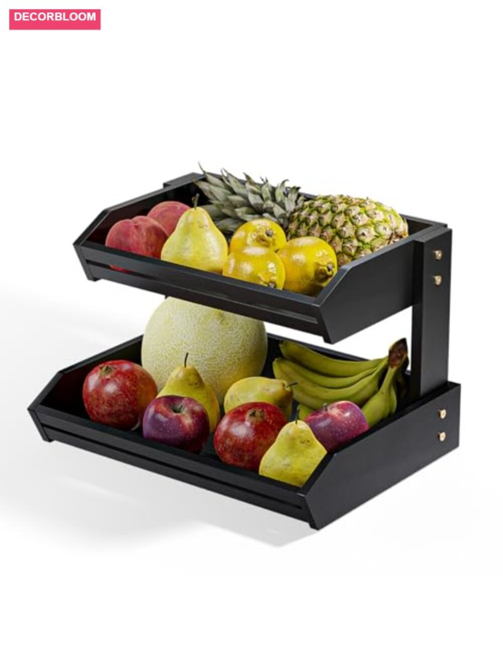 2 Tier Acacia Wood Fruit Basket, 20lbs Capacity, Non-Slip Kitchen Storage